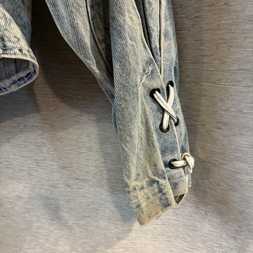 Vtg Winlit Acid Wash Denim Fringe Jacket Suede Tassels Western Boho Rocker M - Picture 8 of 10